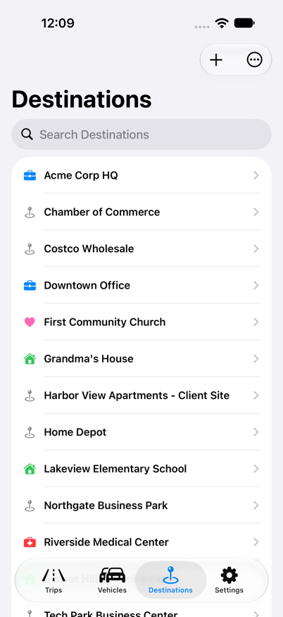 Destinations list with saved places and categories