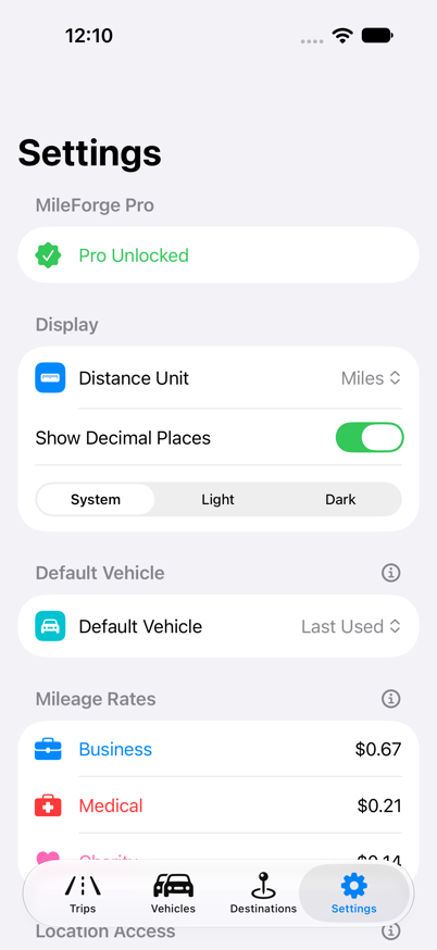 Settings screen with display, vehicle, and mileage rate options