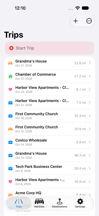 MileForge Trips screen showing a list of recent trips with distances and categories