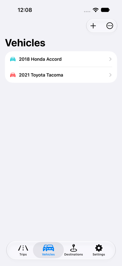 Vehicles list showing two saved vehicles